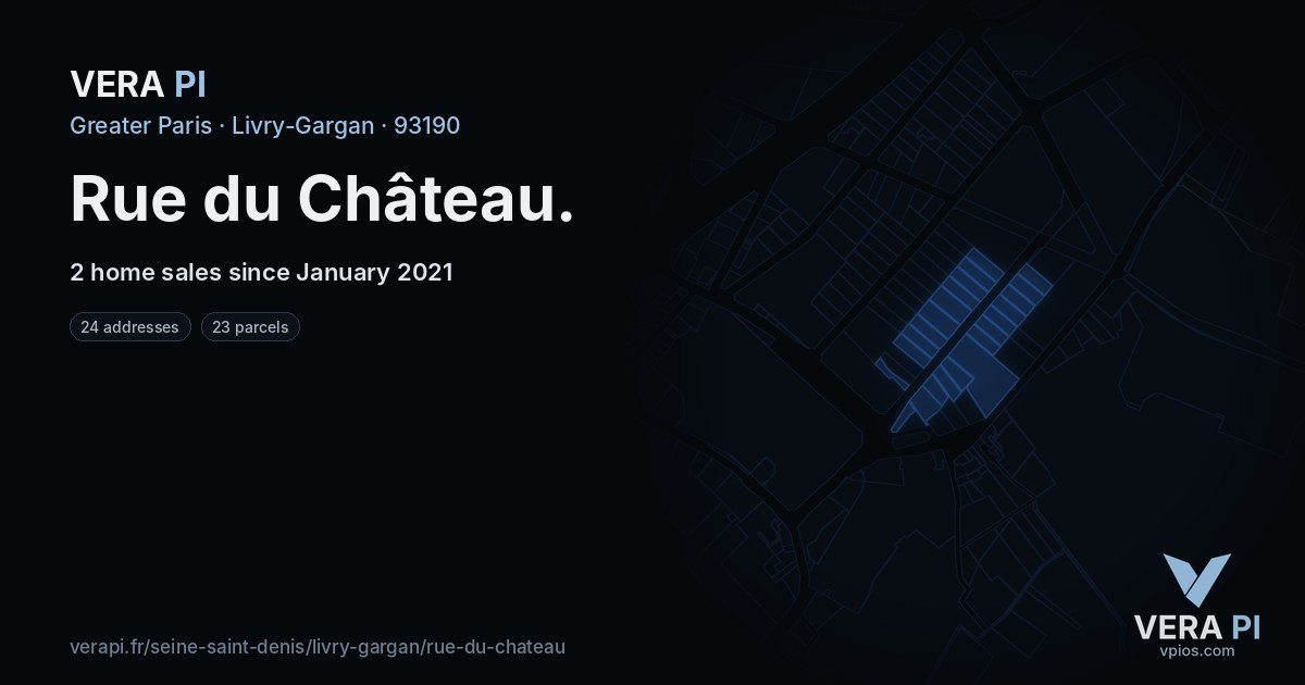 Rue du Château, Livry-Gargan at night – every parcel coloured by the prices around it, the street's own parcels lit