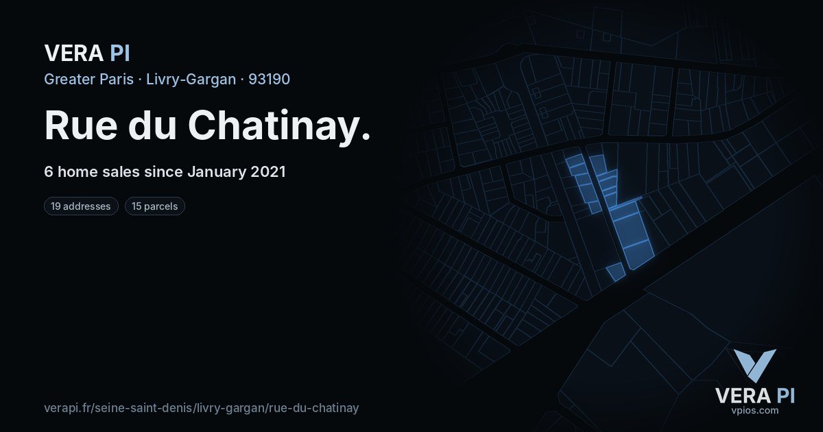 Rue du Chatinay, Livry-Gargan at night – every parcel coloured by the prices around it, the street's own parcels lit