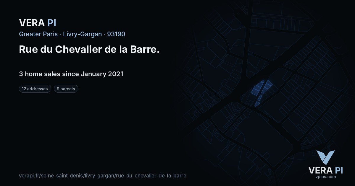 Rue du Chevalier de la Barre, Livry-Gargan at night – every parcel coloured by the prices around it, the street's own parcels lit
