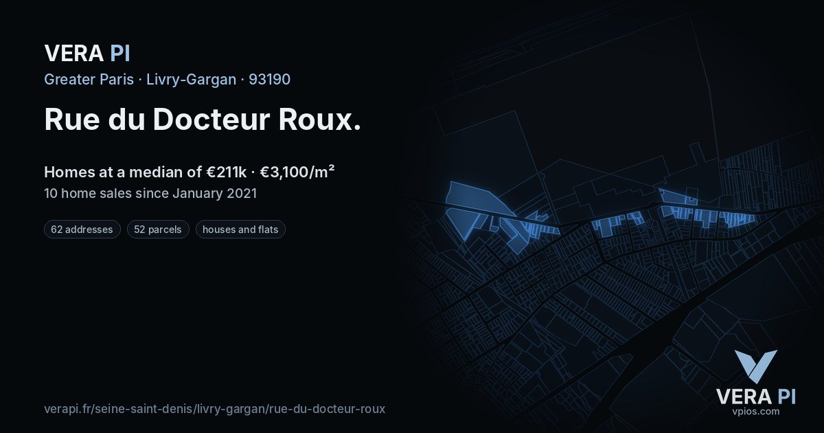 Rue du Docteur Roux, Livry-Gargan at night – every parcel coloured by the prices around it, the street's own parcels lit