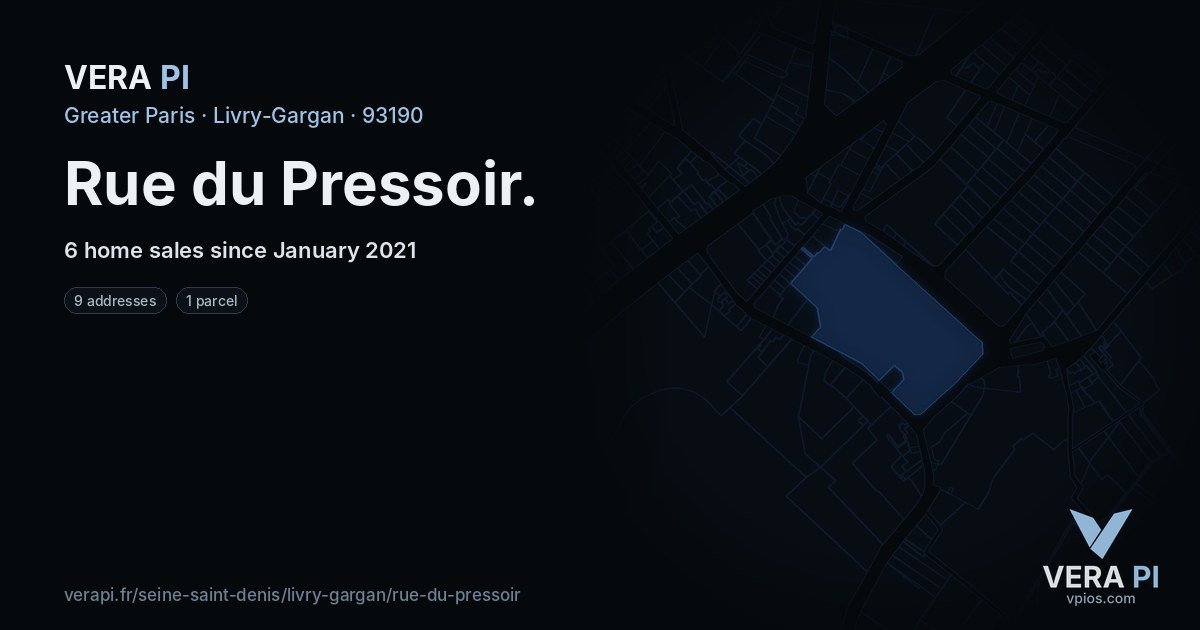 Rue du Pressoir, Livry-Gargan at night – every parcel coloured by the prices around it, the street's own parcels lit