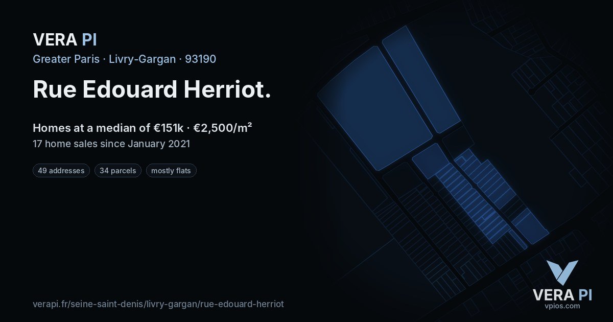 Rue Edouard Herriot, Livry-Gargan at night – every parcel coloured by the prices around it, the street's own parcels lit