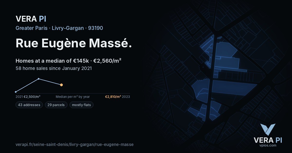 Rue Eugène Massé, Livry-Gargan at night – every parcel coloured by the prices around it, the street's own parcels lit