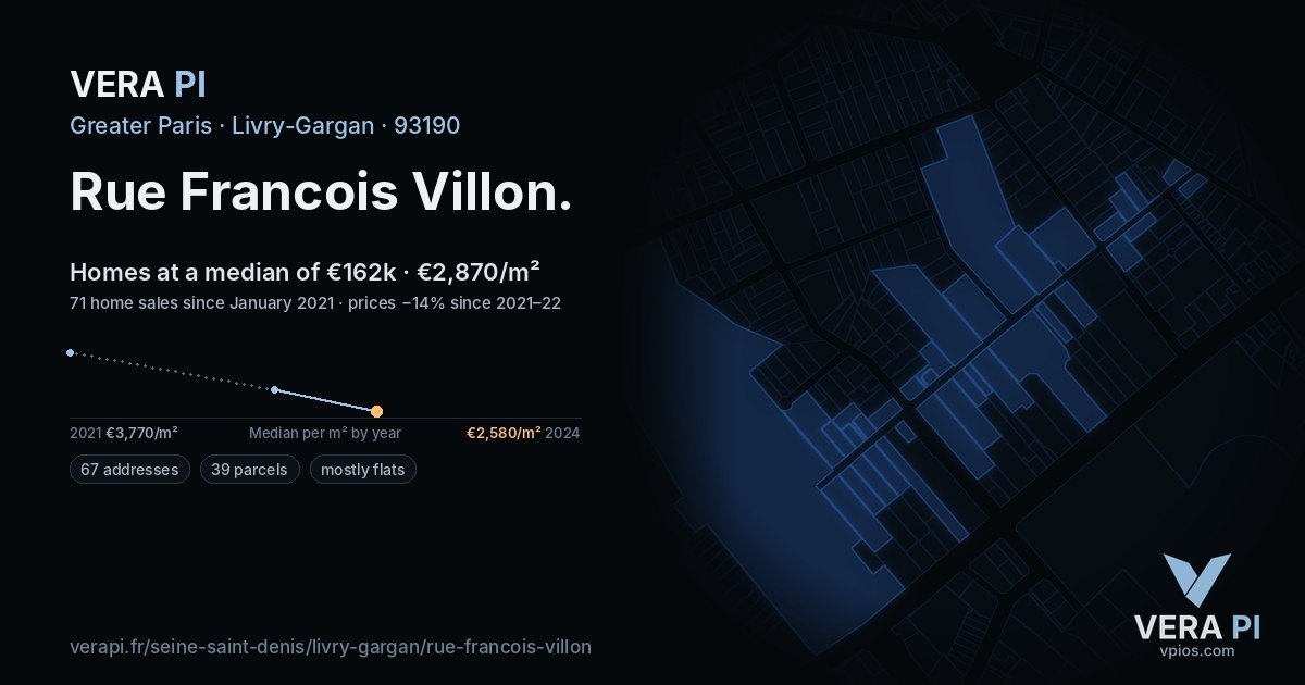 Rue Francois Villon, Livry-Gargan at night – every parcel coloured by the prices around it, the street's own parcels lit