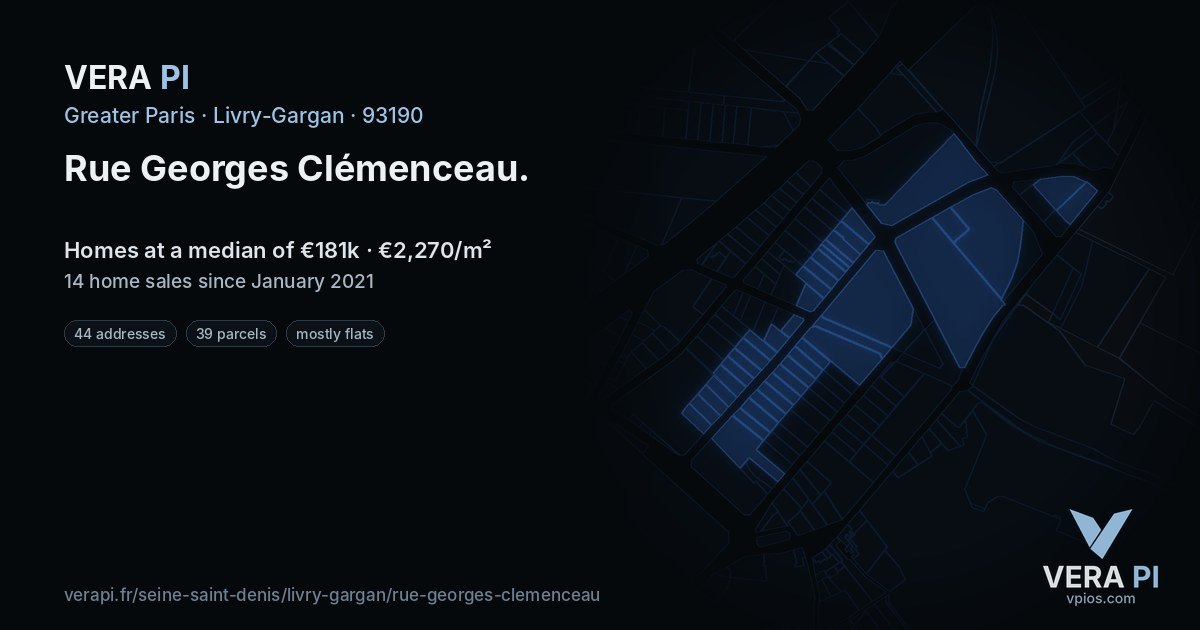 Rue Georges Clémenceau, Livry-Gargan at night – every parcel coloured by the prices around it, the street's own parcels lit