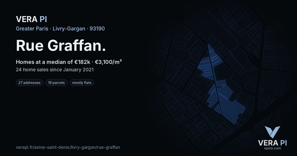 Rue Graffan, Livry-Gargan at night – every parcel coloured by the prices around it, the street's own parcels lit