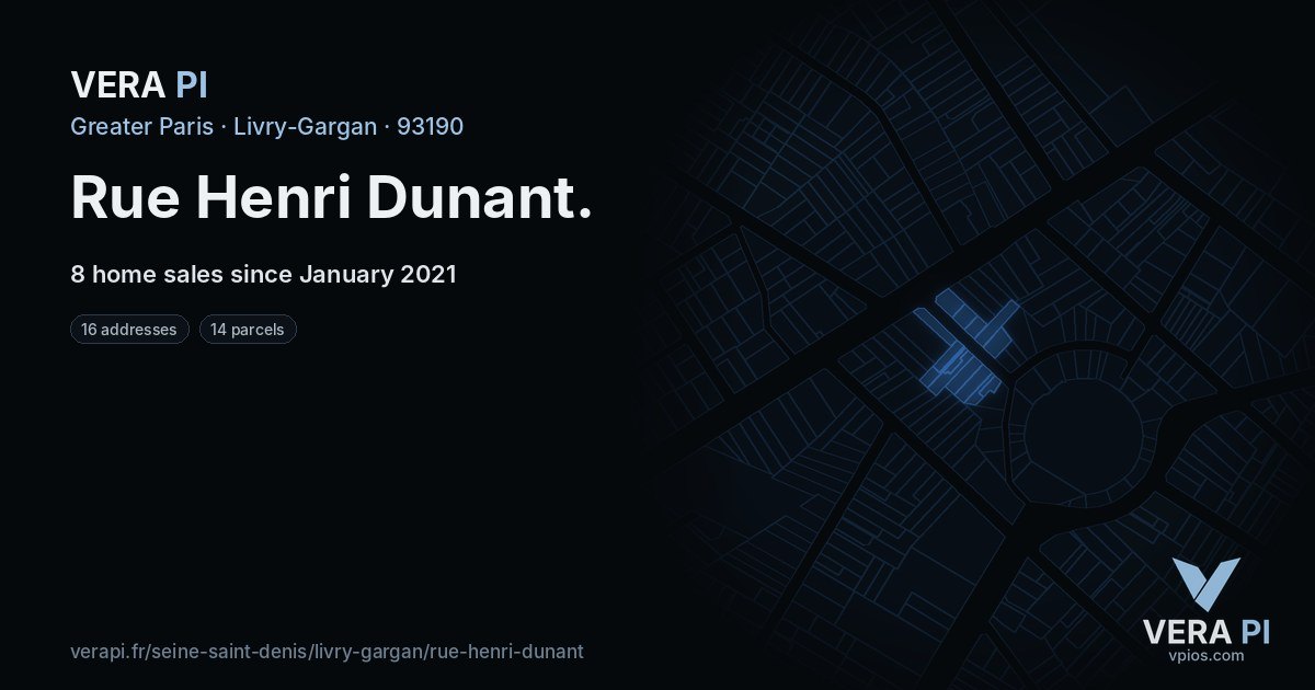 Rue Henri Dunant, Livry-Gargan at night – every parcel coloured by the prices around it, the street's own parcels lit