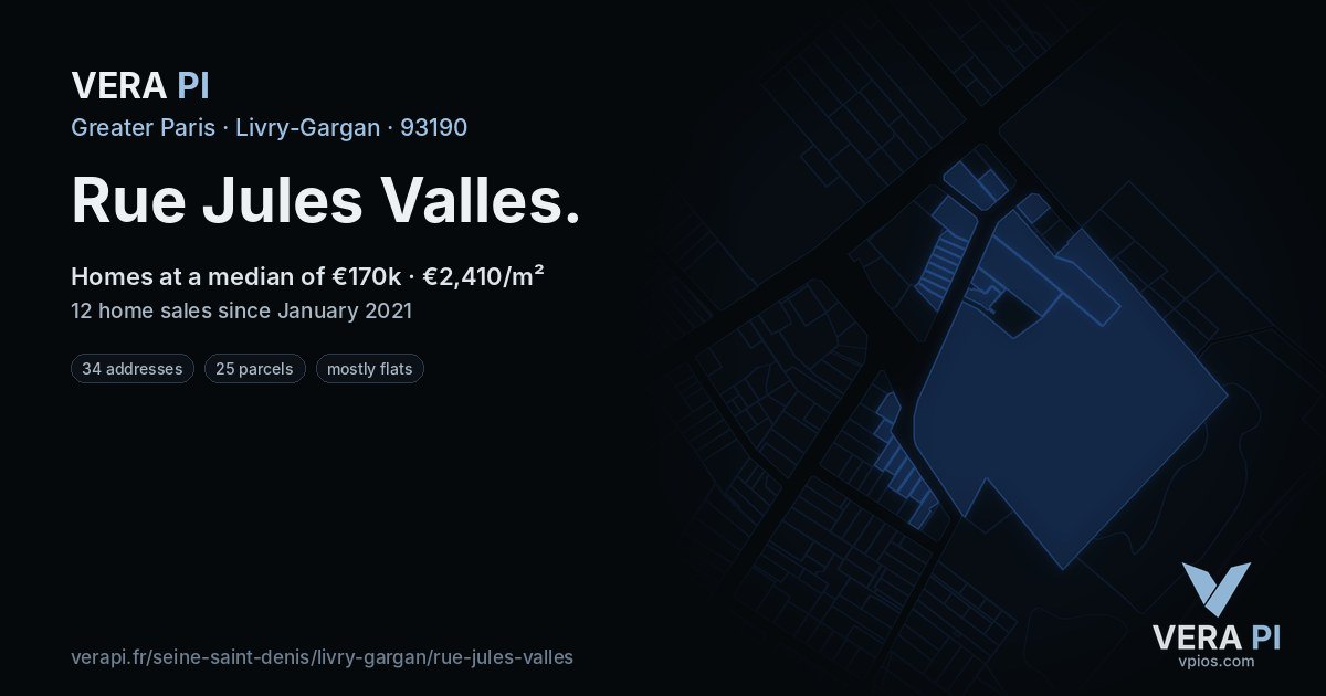Rue Jules Valles, Livry-Gargan at night – every parcel coloured by the prices around it, the street's own parcels lit