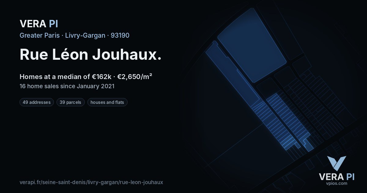 Rue Léon Jouhaux, Livry-Gargan at night – every parcel coloured by the prices around it, the street's own parcels lit