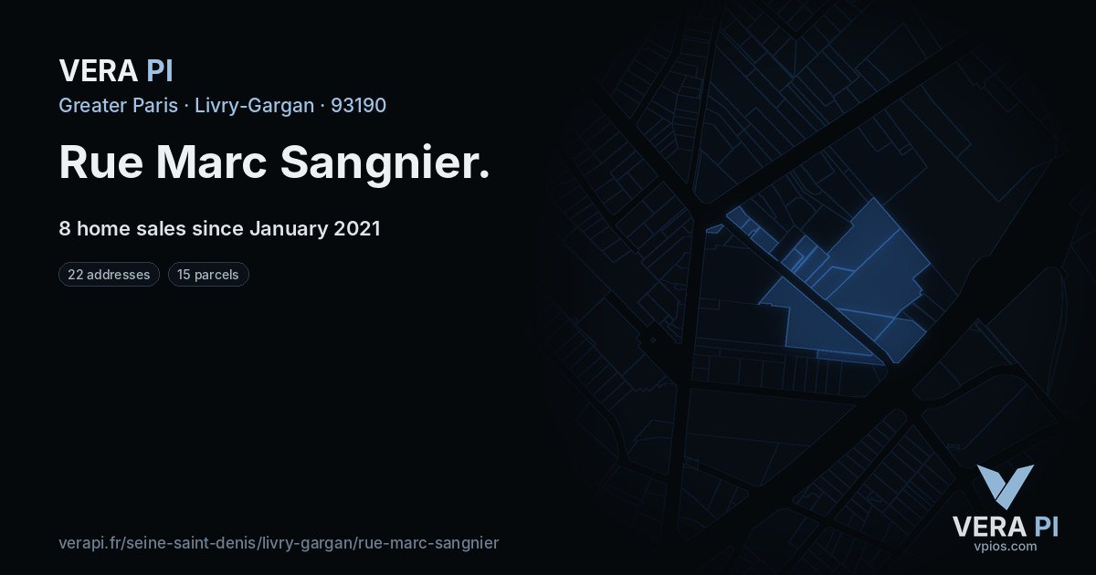 Rue Marc Sangnier, Livry-Gargan at night – every parcel coloured by the prices around it, the street's own parcels lit