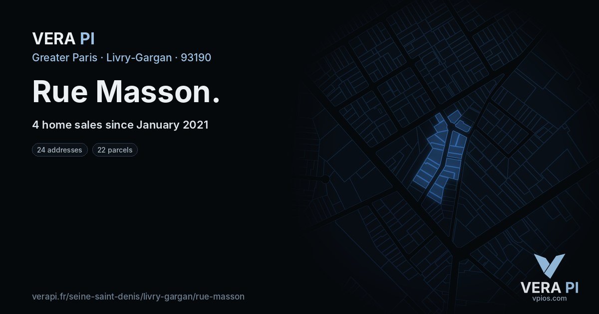 Rue Masson, Livry-Gargan at night – every parcel coloured by the prices around it, the street's own parcels lit