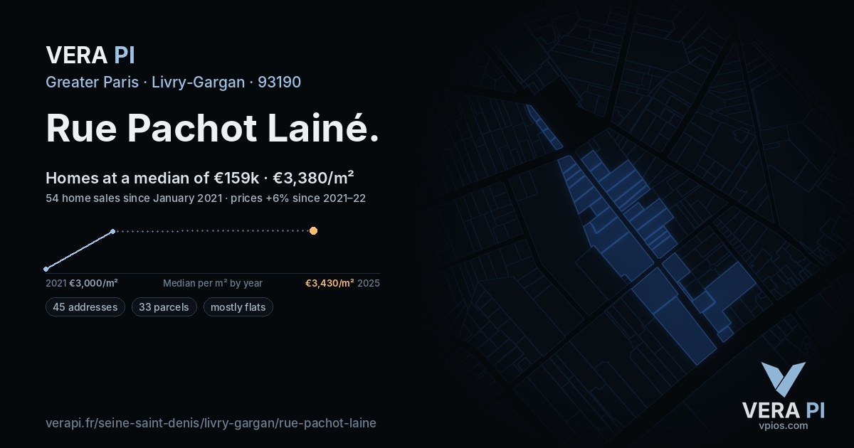 Rue Pachot Lainé, Livry-Gargan at night – every parcel coloured by the prices around it, the street's own parcels lit
