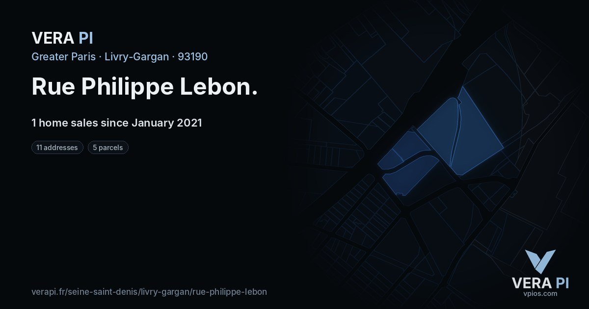 Rue Philippe Lebon, Livry-Gargan at night – every parcel coloured by the prices around it, the street's own parcels lit