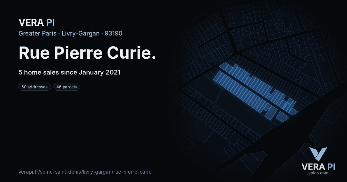 Rue Pierre Curie, Livry-Gargan at night – every parcel coloured by the prices around it, the street's own parcels lit