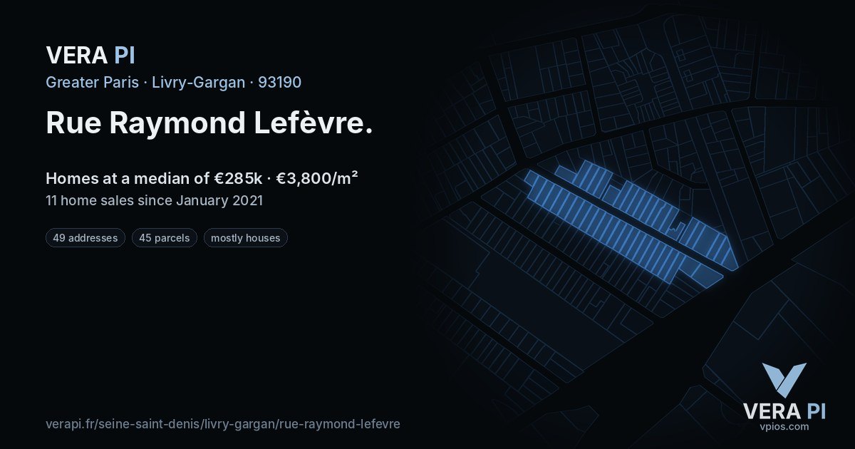 Rue Raymond Lefèvre, Livry-Gargan at night – every parcel coloured by the prices around it, the street's own parcels lit