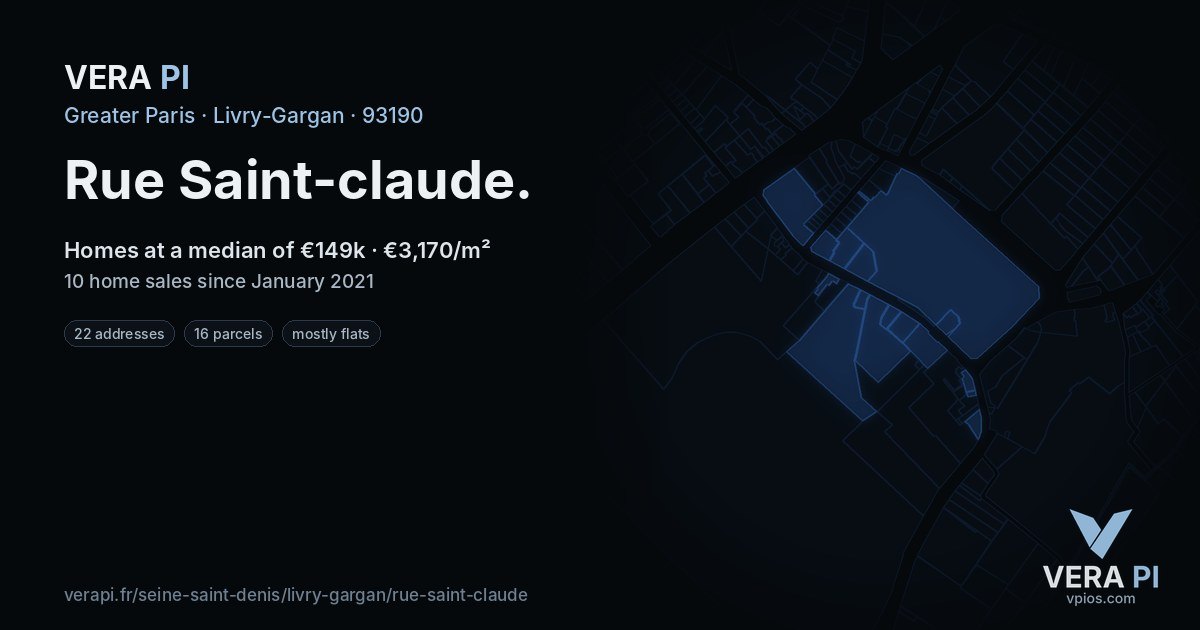 Rue Saint-claude, Livry-Gargan at night – every parcel coloured by the prices around it, the street's own parcels lit