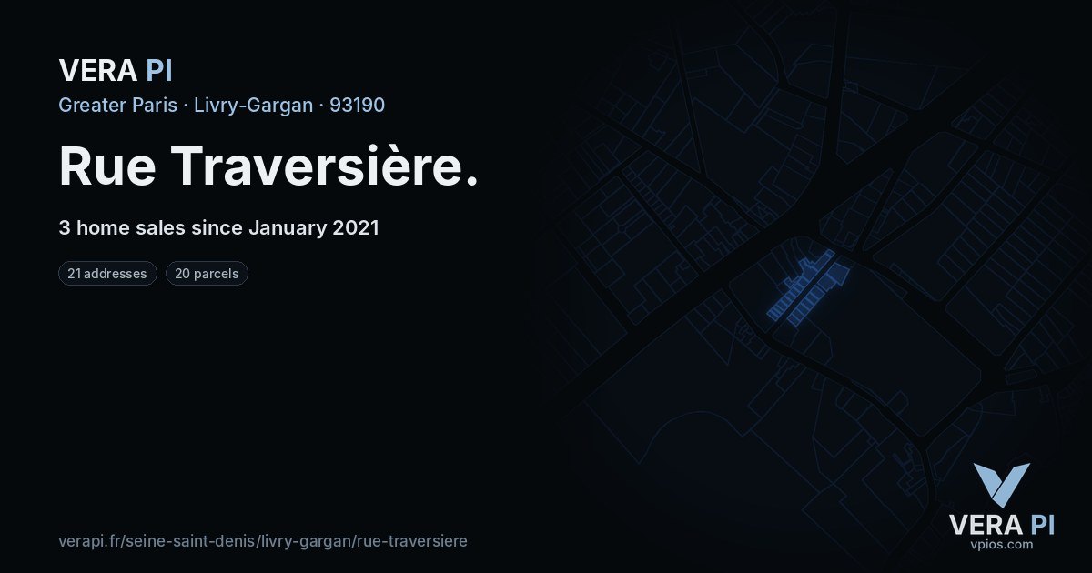 Rue Traversière, Livry-Gargan at night – every parcel coloured by the prices around it, the street's own parcels lit