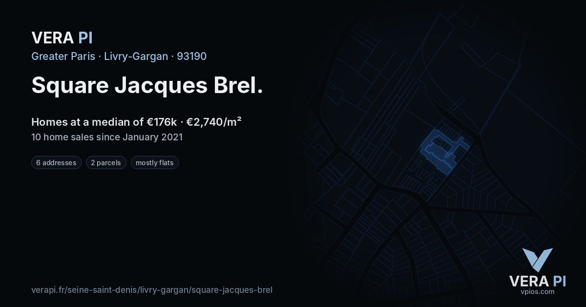 Square Jacques Brel, Livry-Gargan at night – every parcel coloured by the prices around it, the street's own parcels lit