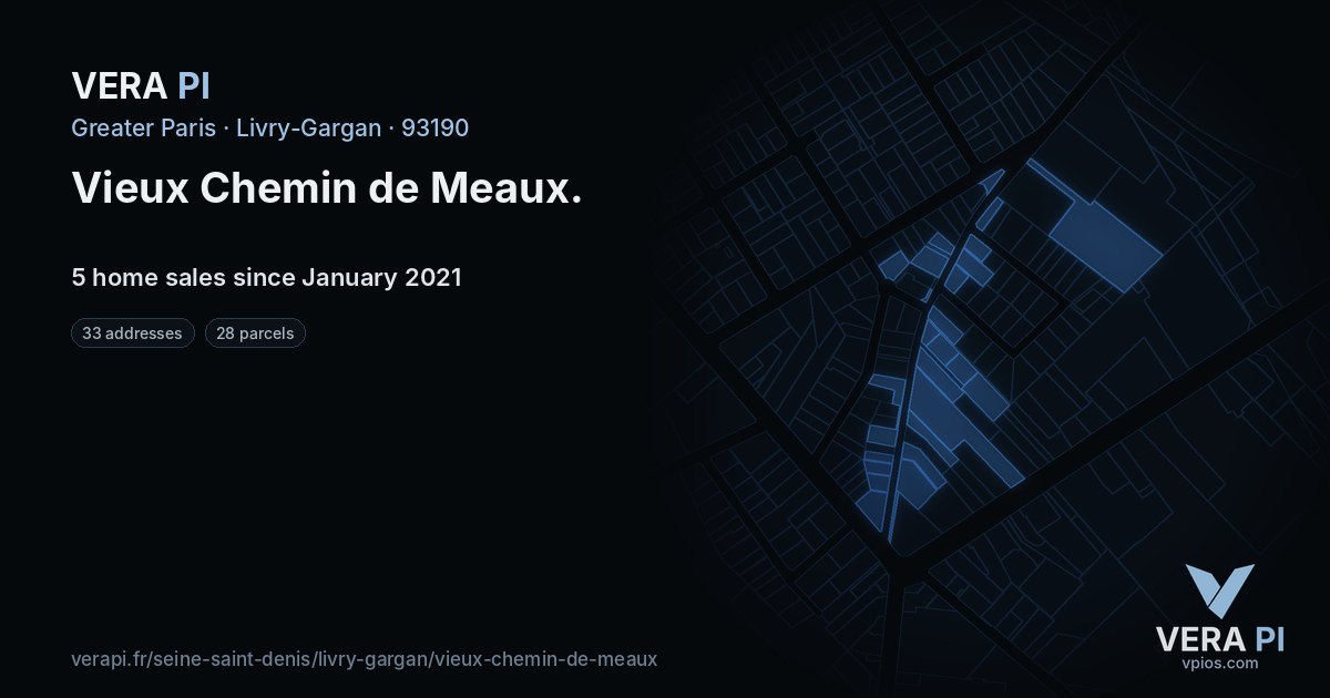 Vieux Chemin de Meaux, Livry-Gargan at night – every parcel coloured by the prices around it, the street's own parcels lit