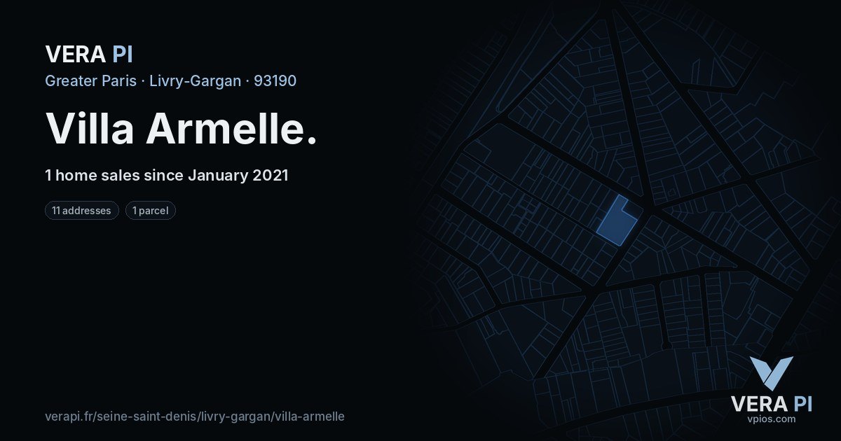 Villa Armelle, Livry-Gargan at night – every parcel coloured by the prices around it, the street's own parcels lit