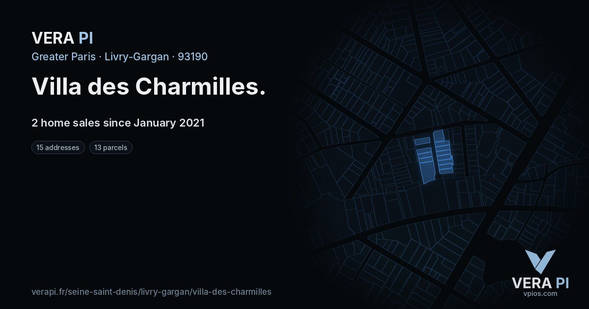 Villa des Charmilles, Livry-Gargan at night – every parcel coloured by the prices around it, the street's own parcels lit
