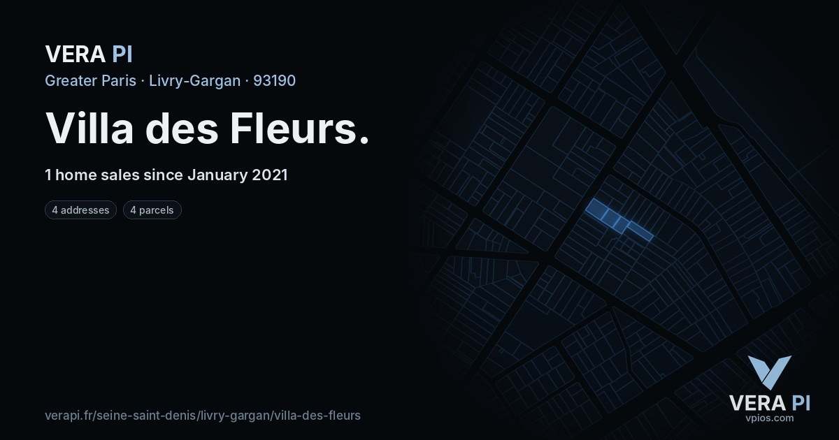 Villa des Fleurs, Livry-Gargan at night – every parcel coloured by the prices around it, the street's own parcels lit