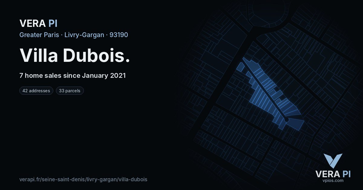 Villa Dubois, Livry-Gargan at night – every parcel coloured by the prices around it, the street's own parcels lit