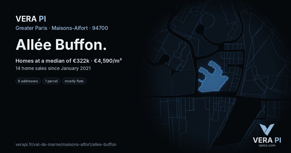 Allée Buffon, Maisons-Alfort at night – every parcel coloured by the prices around it, the street's own parcels lit