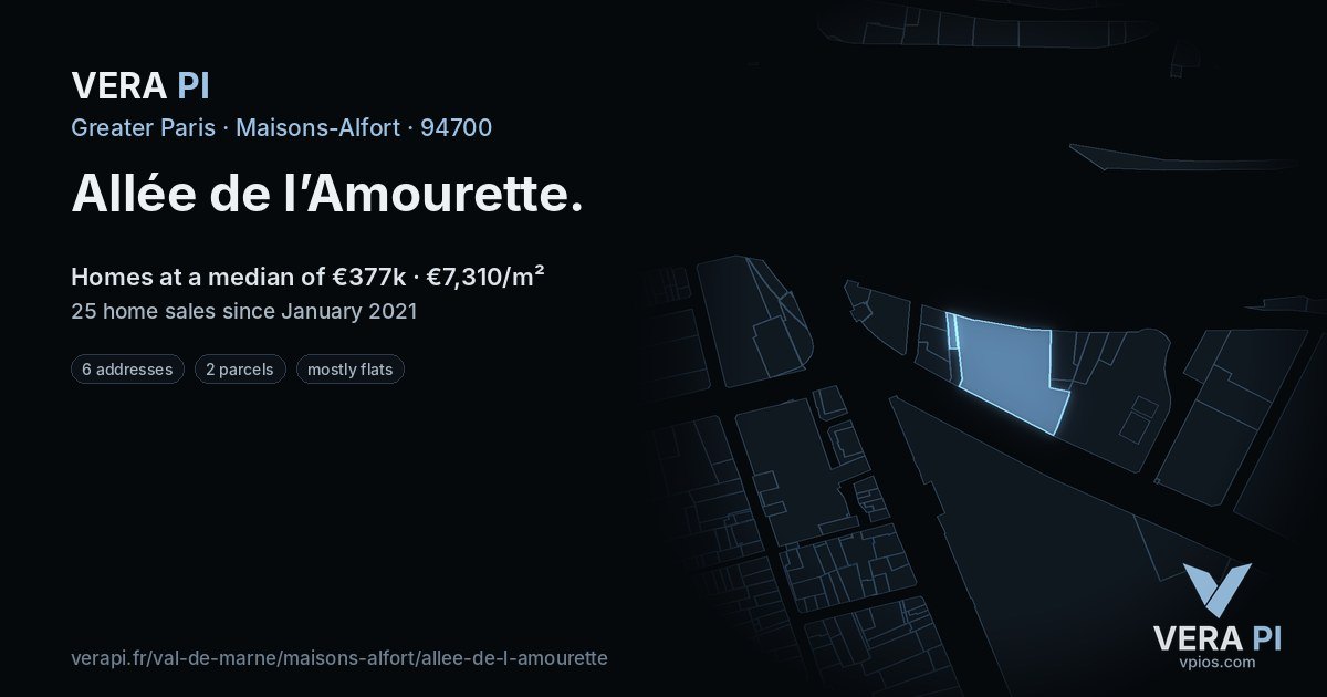 Allée de l’Amourette, Maisons-Alfort at night – every parcel coloured by the prices around it, the street's own parcels lit