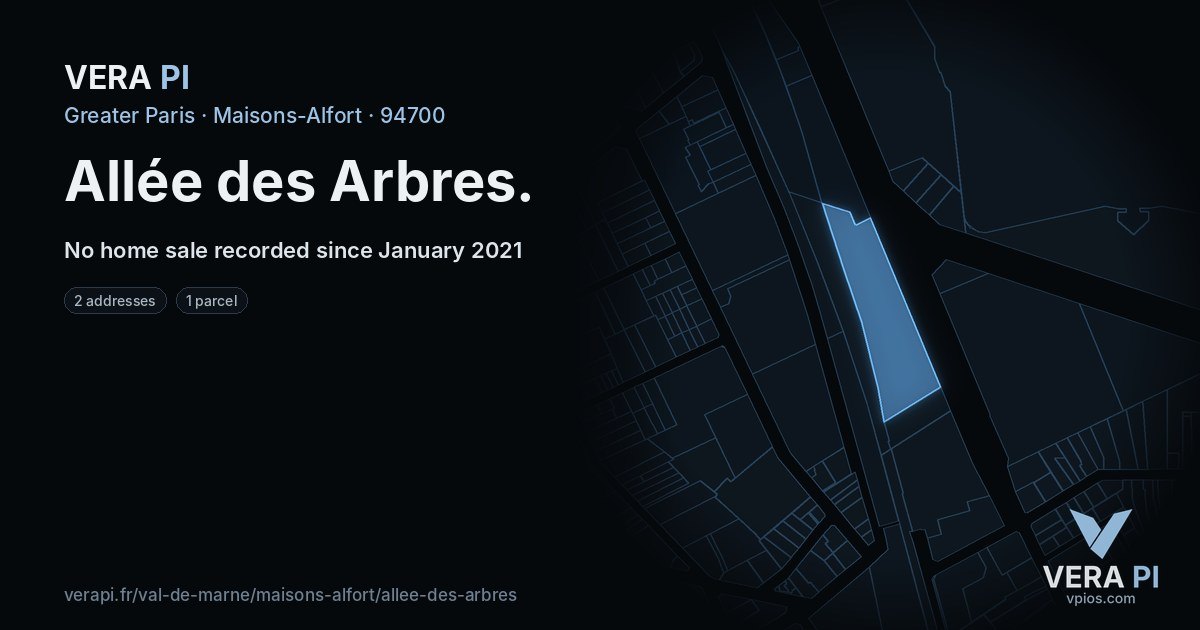 Allée des Arbres, Maisons-Alfort at night – every parcel coloured by the prices around it, the street's own parcels lit