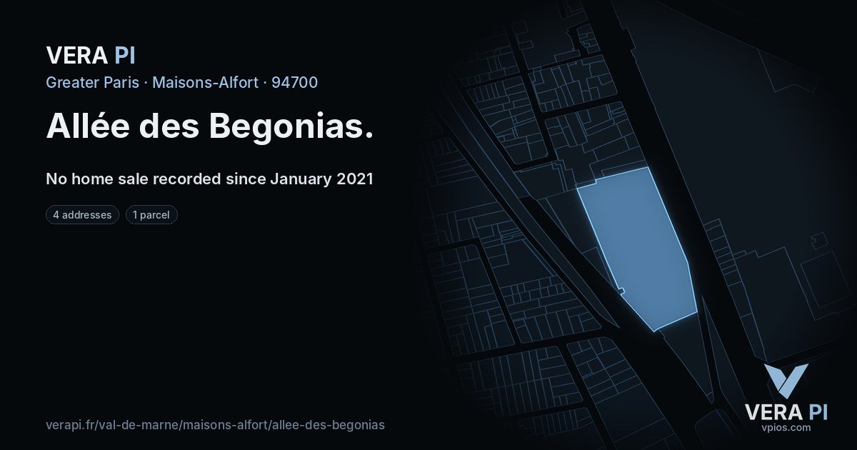 Allée des Begonias, Maisons-Alfort at night – every parcel coloured by the prices around it, the street's own parcels lit