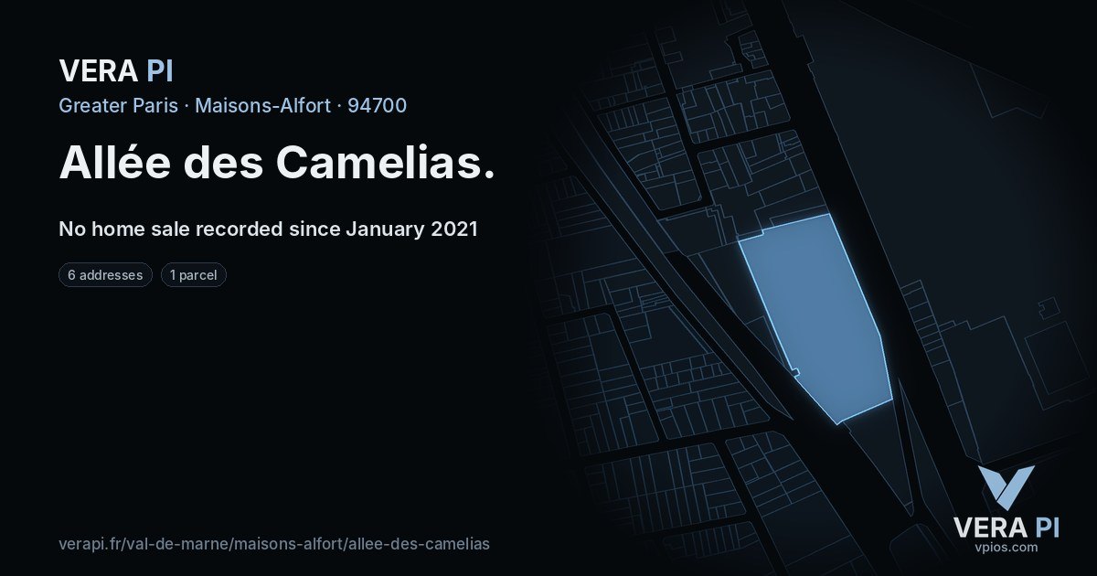 Allée des Camelias, Maisons-Alfort at night – every parcel coloured by the prices around it, the street's own parcels lit