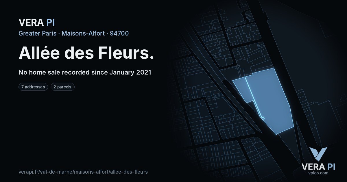 Allée des Fleurs, Maisons-Alfort at night – every parcel coloured by the prices around it, the street's own parcels lit