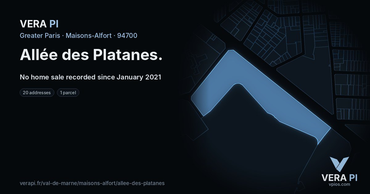 Allée des Platanes, Maisons-Alfort at night – every parcel coloured by the prices around it, the street's own parcels lit