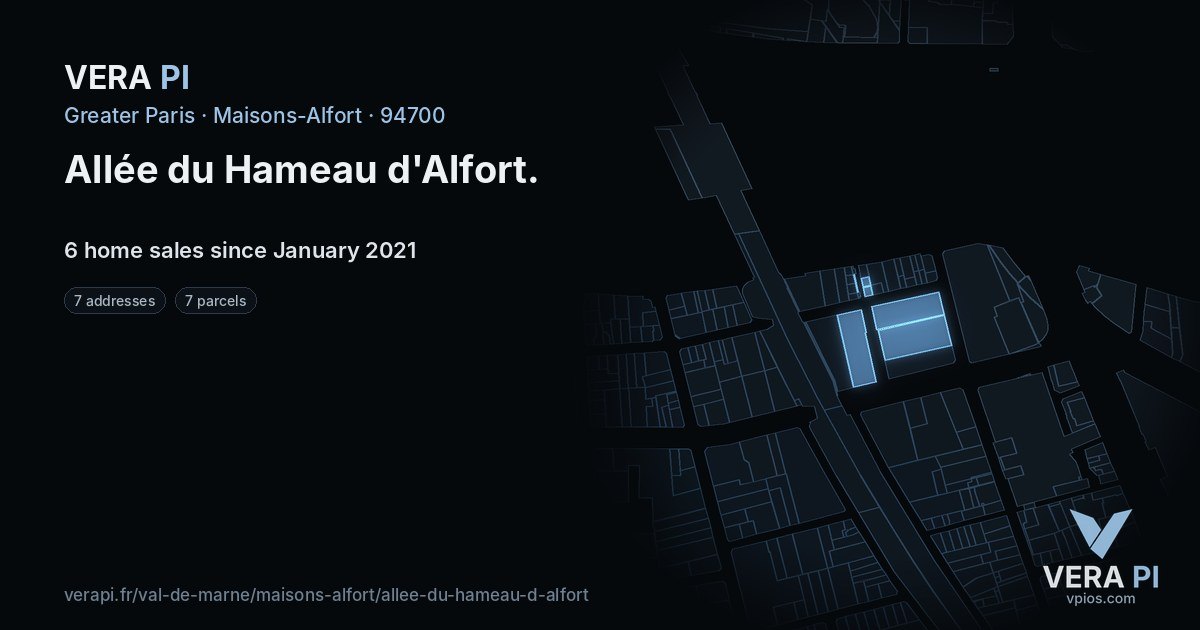 Allée du Hameau d'Alfort, Maisons-Alfort at night – every parcel coloured by the prices around it, the street's own parcels lit