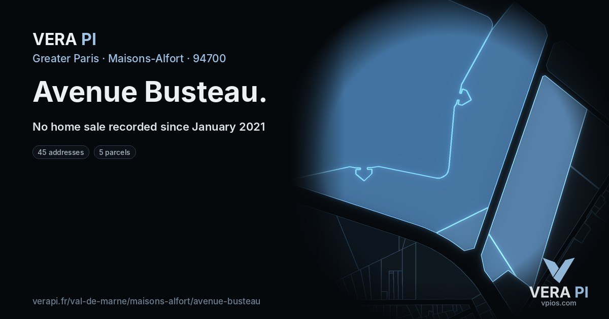 Avenue Busteau, Maisons-Alfort at night – every parcel coloured by the prices around it, the street's own parcels lit