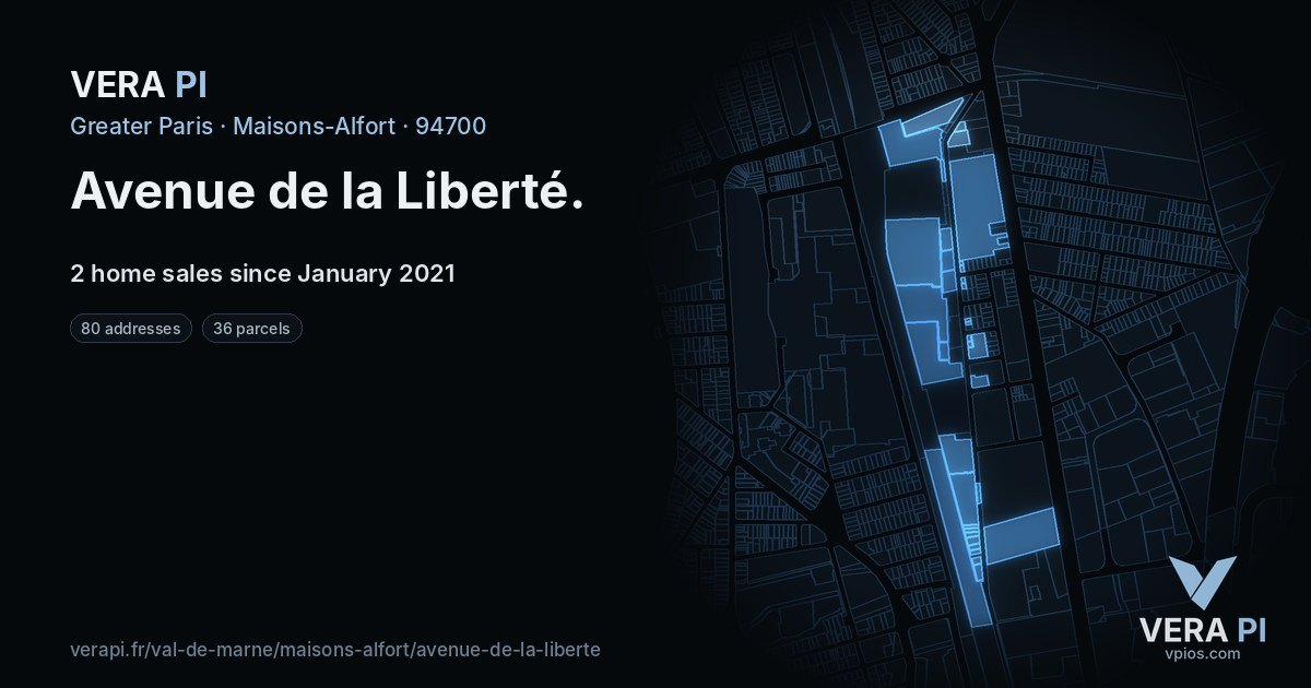 Avenue de la Liberté, Maisons-Alfort at night – every parcel coloured by the prices around it, the street's own parcels lit