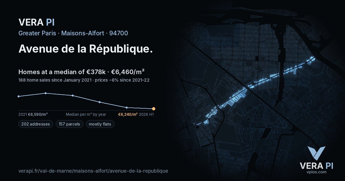 Avenue de la République, Maisons-Alfort at night – every parcel coloured by the prices around it, the street's own parcels lit