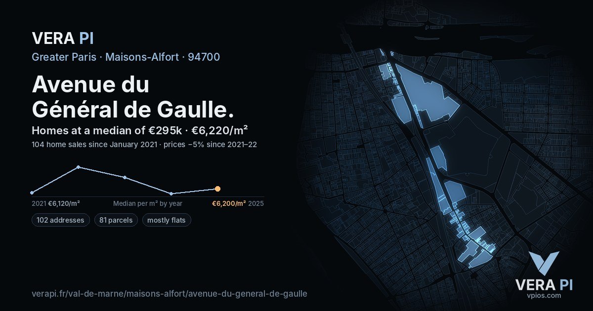 Avenue du Général de Gaulle, Maisons-Alfort at night – every parcel coloured by the prices around it, the street's own parcels lit