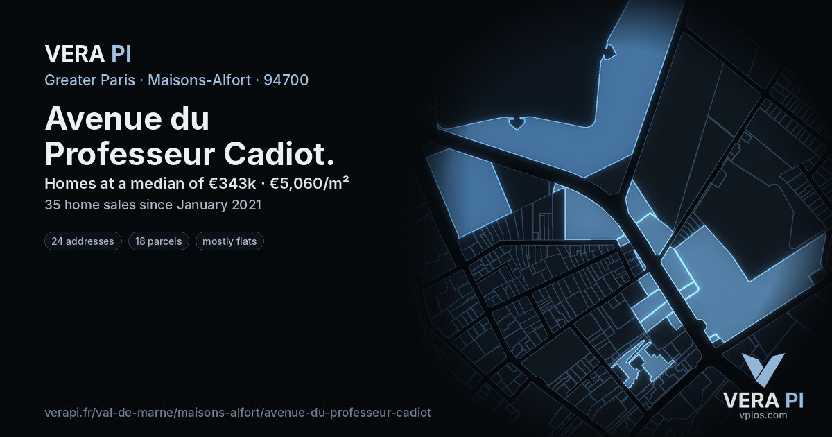 Avenue du Professeur Cadiot, Maisons-Alfort at night – every parcel coloured by the prices around it, the street's own parcels lit