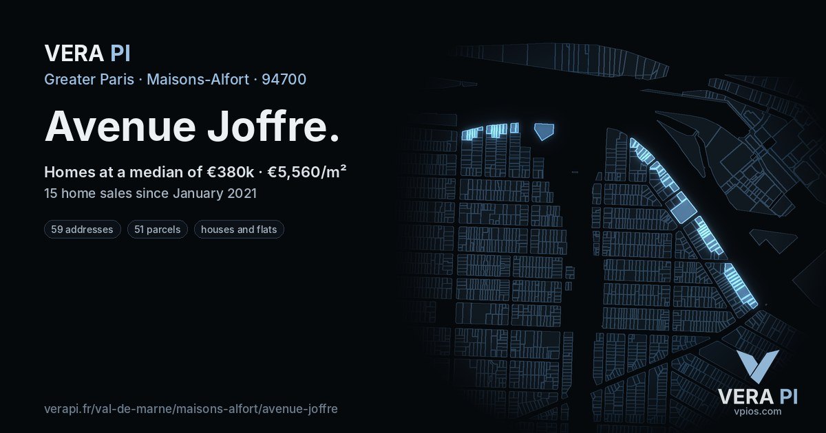 Avenue Joffre, Maisons-Alfort at night – every parcel coloured by the prices around it, the street's own parcels lit