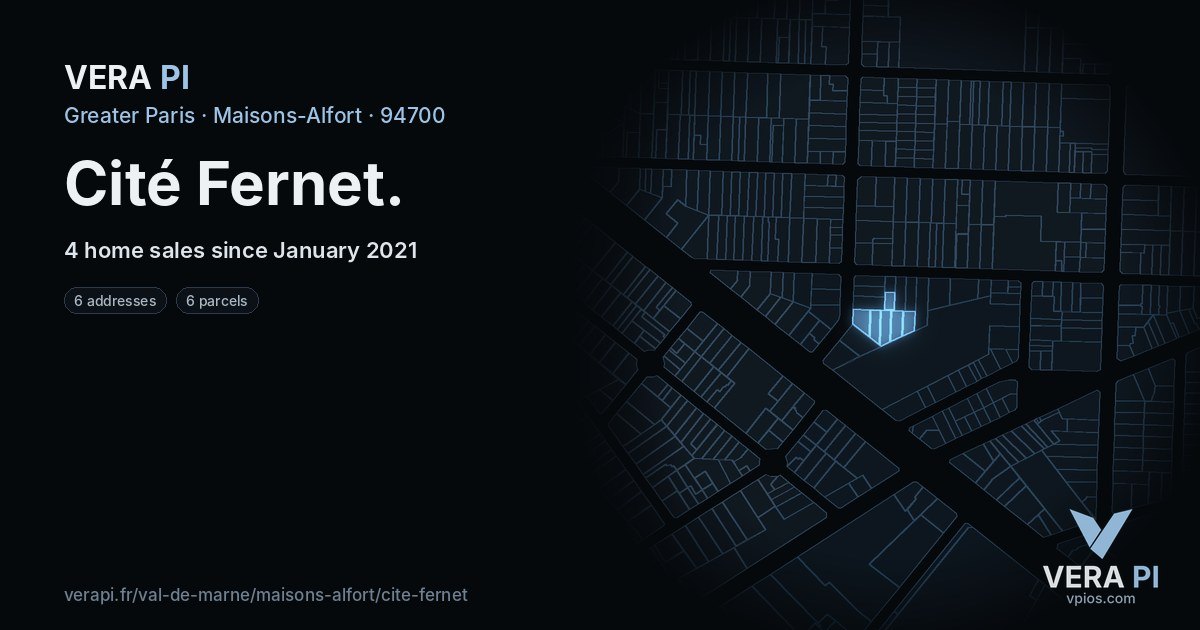 Cité Fernet, Maisons-Alfort at night – every parcel coloured by the prices around it, the street's own parcels lit