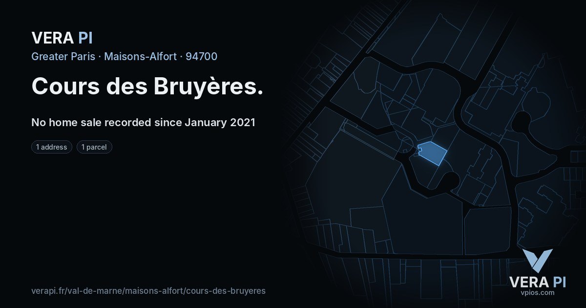 Cours des Bruyères, Maisons-Alfort at night – every parcel coloured by the prices around it, the street's own parcels lit
