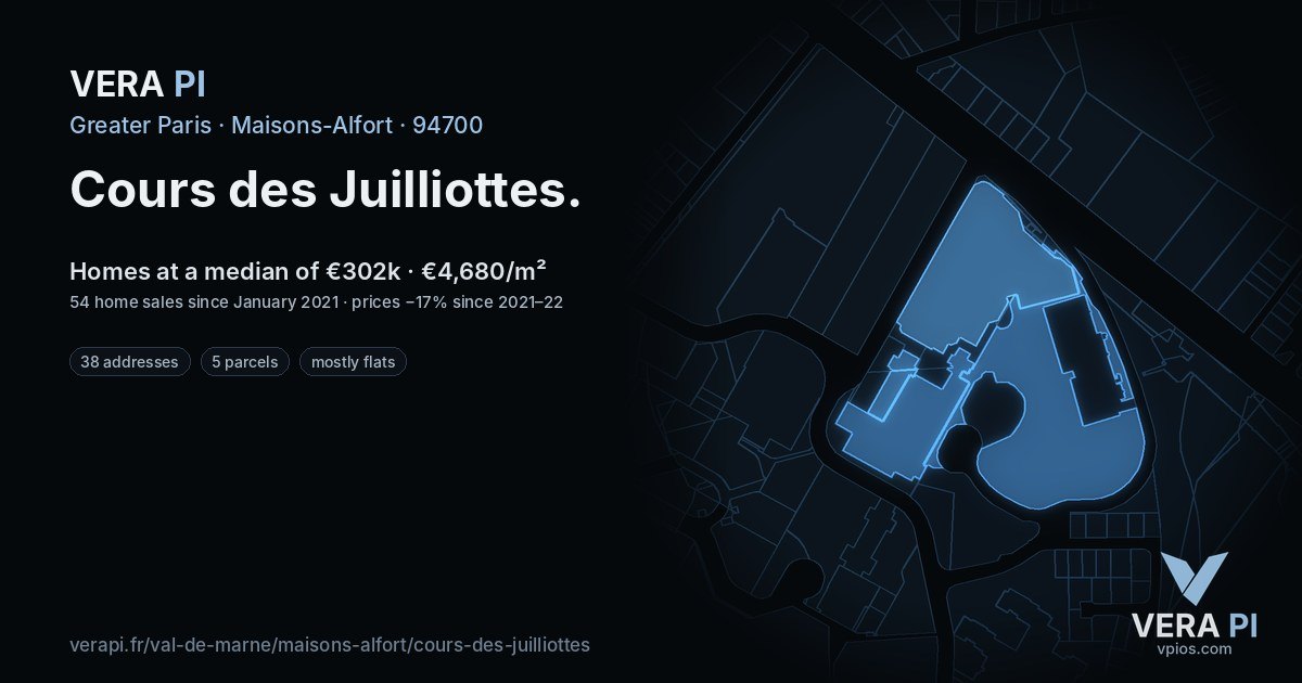 Cours des Juilliottes, Maisons-Alfort at night – every parcel coloured by the prices around it, the street's own parcels lit