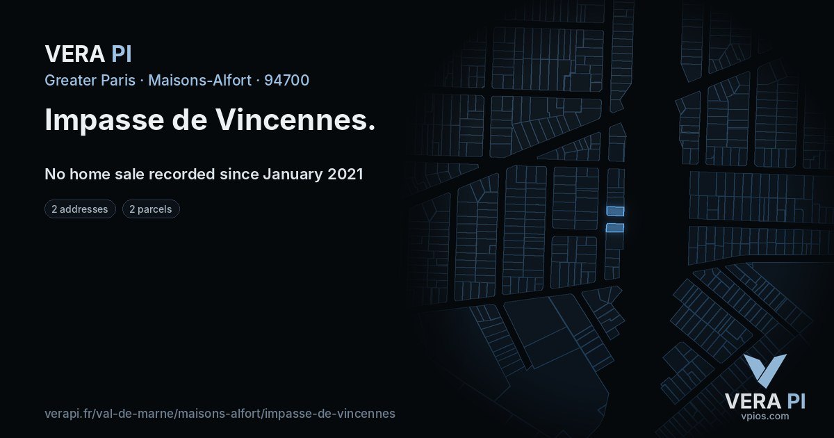 Impasse de Vincennes, Maisons-Alfort at night – every parcel coloured by the prices around it, the street's own parcels lit