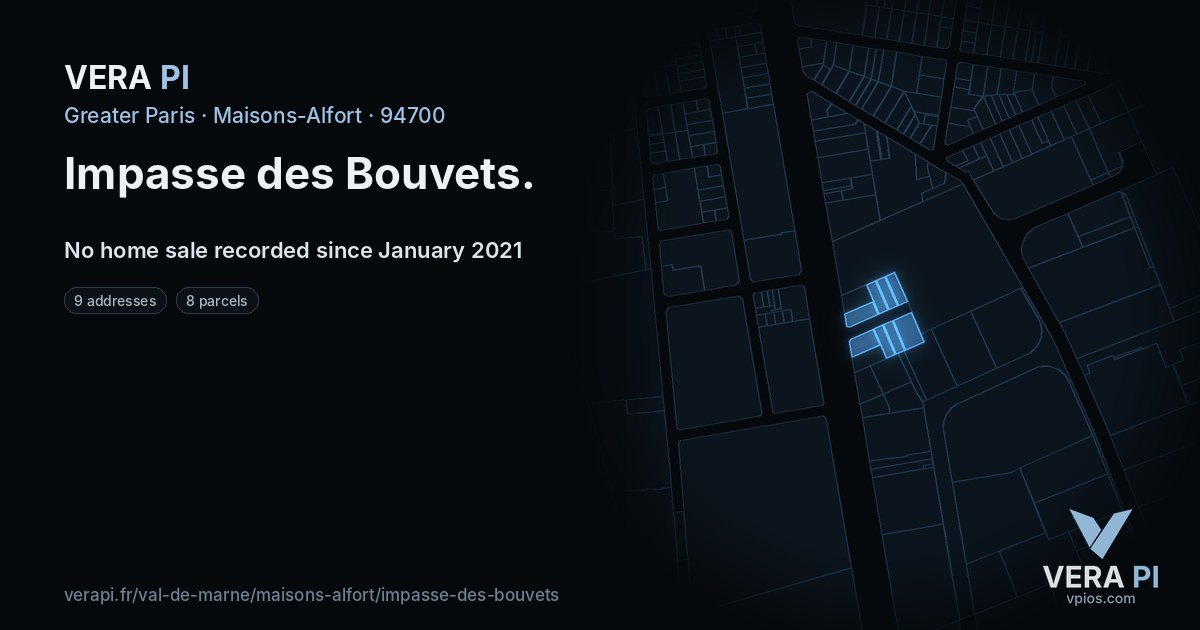 Impasse des Bouvets, Maisons-Alfort at night – every parcel coloured by the prices around it, the street's own parcels lit
