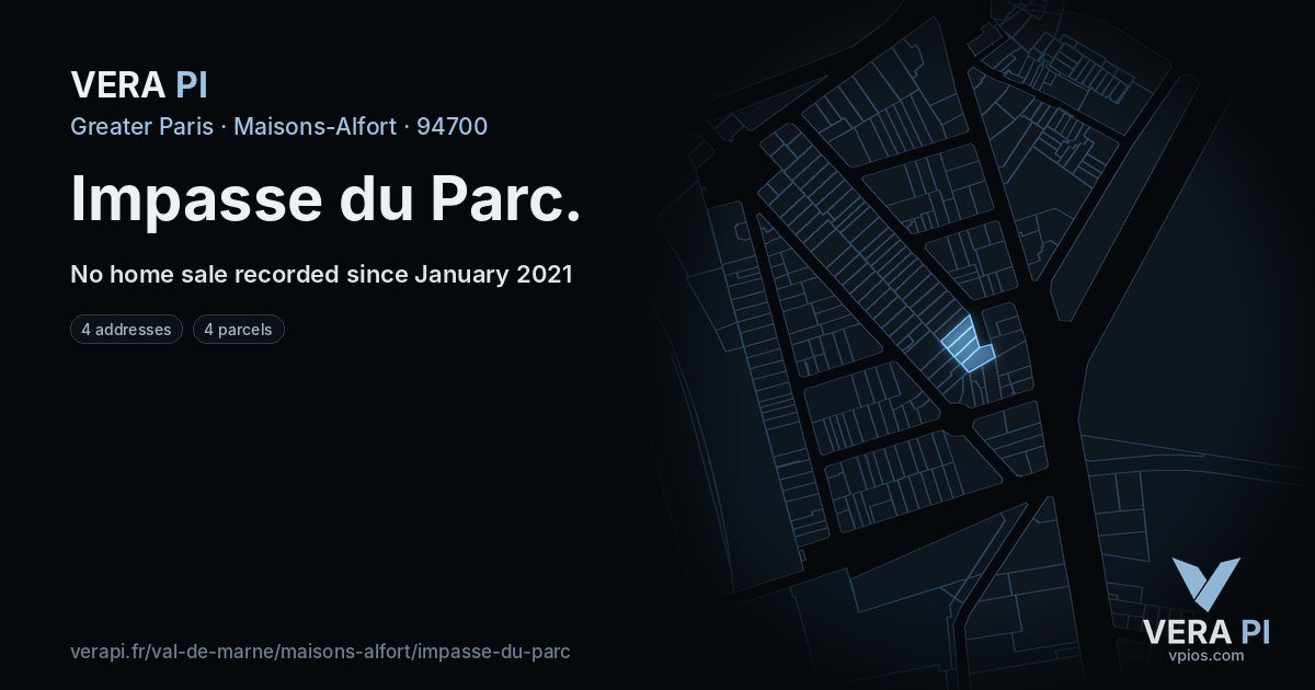 Impasse du Parc, Maisons-Alfort at night – every parcel coloured by the prices around it, the street's own parcels lit