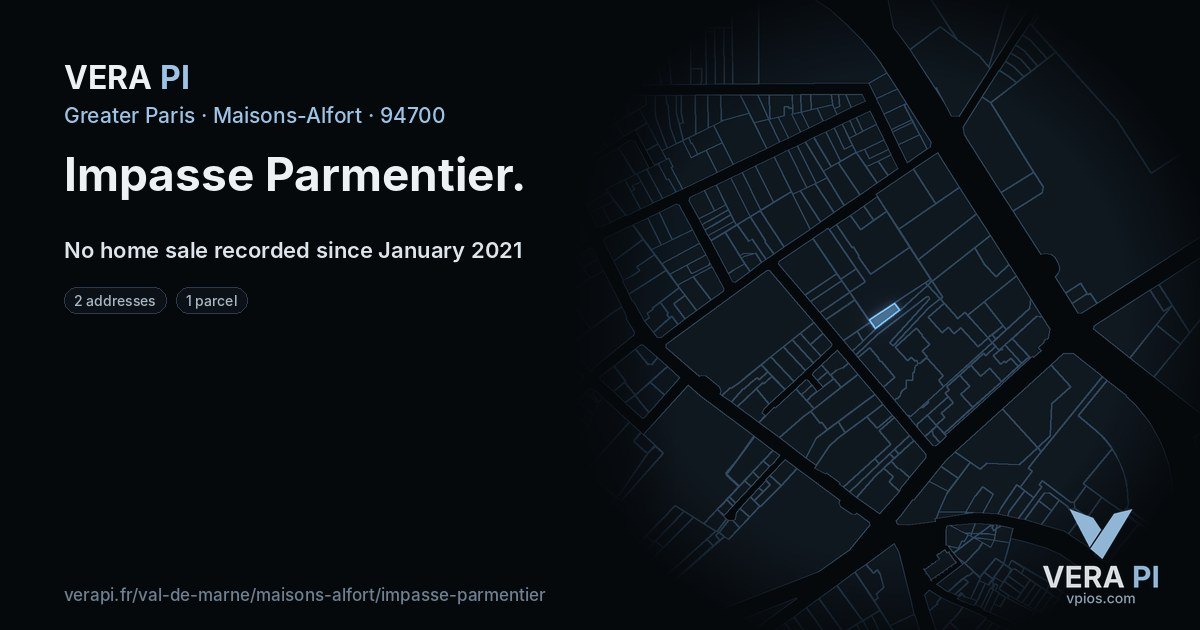 Impasse Parmentier, Maisons-Alfort at night – every parcel coloured by the prices around it, the street's own parcels lit