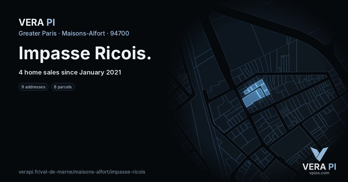 Impasse Ricois, Maisons-Alfort at night – every parcel coloured by the prices around it, the street's own parcels lit