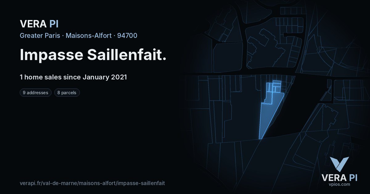 Impasse Saillenfait, Maisons-Alfort at night – every parcel coloured by the prices around it, the street's own parcels lit